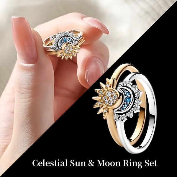 Conjunto de anillos celestiales Pandora Sol y Luna / Anillo de plata de ley / Anillo de sol Pandora / Anillos de luna Pandora / Anillos de amistad / Conjunto de anillos de parejas