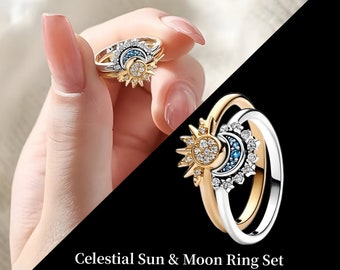 Celestial Pandora Sun & Moon Ring Set | Pandora Sun Ring | Sterling Silver Ring | Pandora Moon Rings | Friendship Rings | Couples Ring Set