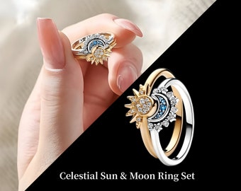 Ensemble de bagues soleil et lune de Pandora céleste | Bague en argent sterling | Bague soleil Pandora | Bagues lune Pandora | Ensemble de bagues pour couple | Bagues d'amitié