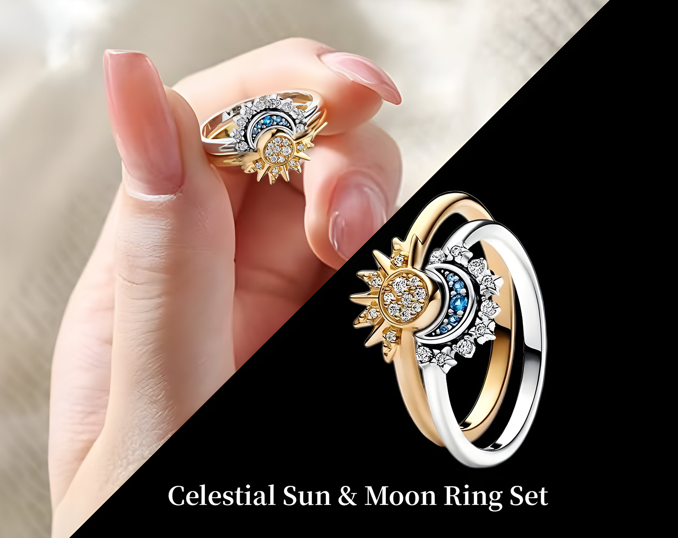 HEIMAXING 1 Pair Celestial Sun and Moon Ring Set, Sparkling Sun Moon Ring with 14K Gold/Silver Plating, Friendship Promise Matching Rings