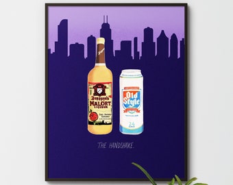 Malort and Old Style Chicago Handshake Print Chicago Beer and