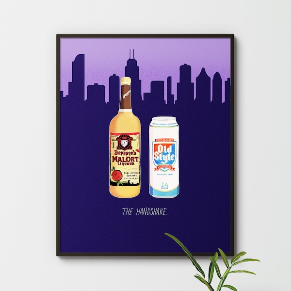 Malort and Old Style Chicago Handshake Print - Chicago Beer and Malort Poster - Chicago Pride Art