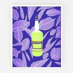 Chartreuse Art - Póster de cóctel de licor francés - Botella verde clásica con fondo botánico brillante