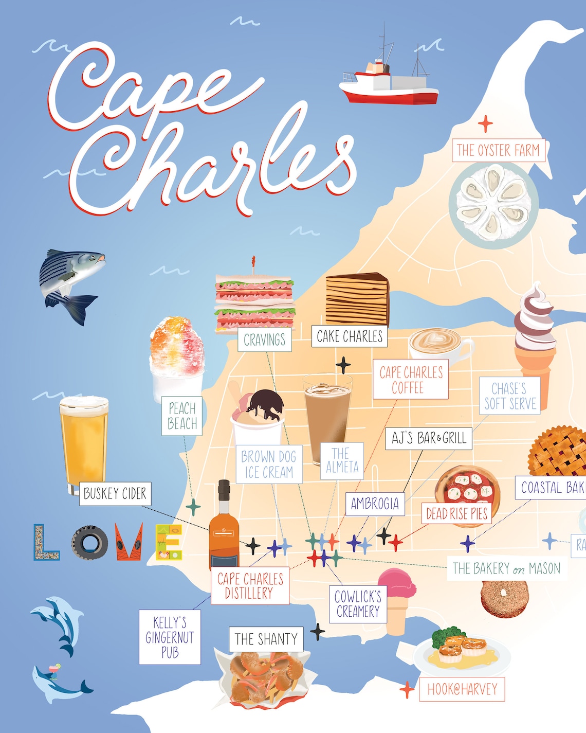 Cape Charles, Virginia Eastern Shore Restaurant and Bar Map Etsy