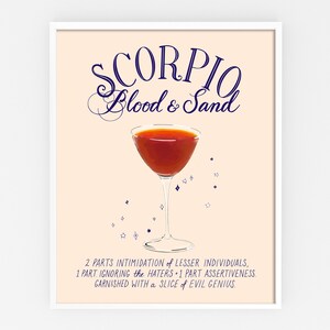 Póster del cóctel del zodiaco Escorpio: cóctel escocés de sangre y arena