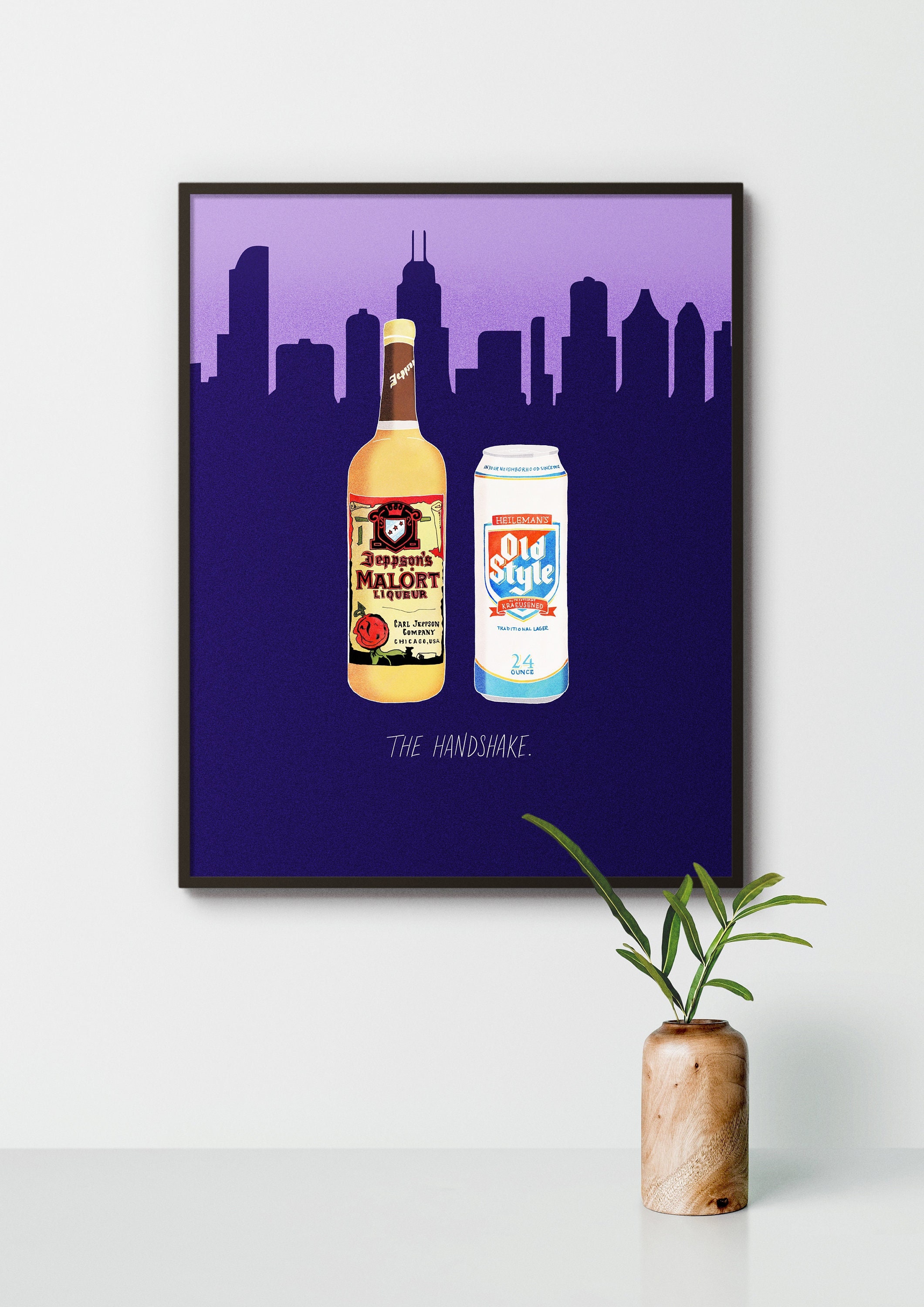 Malort and Old Style Chicago Handshake Print Chicago Beer and