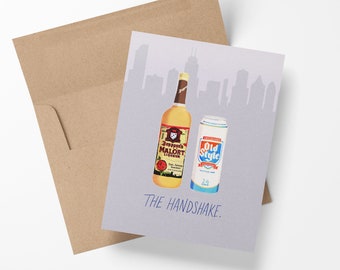 Chicago Handshake - Everyday Any Occasion Card with Malort and Old Style and Chicago Skyline