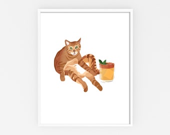 Cocktail Cat Print - Orange Tabby Cat with a Mai Tai