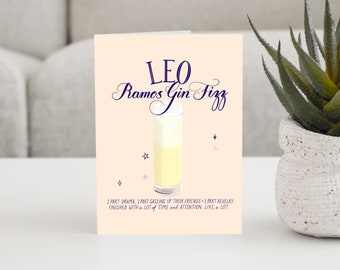 Leo Birthday Card: Ramos Gin Fizz Cocktail - Funny Birthday Card