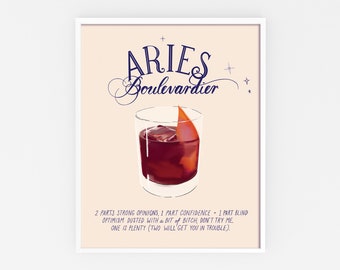 Aries Cocktail Zodiac Poster - Boulevardier Whiskey Cocktail