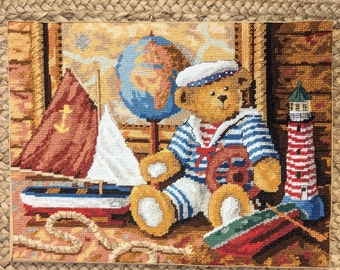 Teddy Bear Nautical Cross Stitch Finished Framed 12x16in