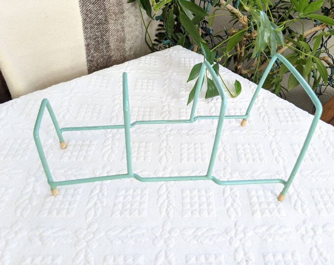 Vintage Green Dish Rack, Plate Storage, Metal Coated Wire Rack, Mid