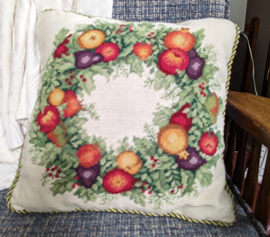 Williamsburg Needlepoint Pillow Wreath Fruit Flowers 16in Etsy