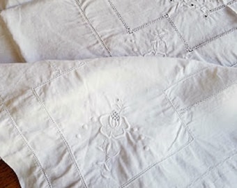 Vintage Linen Flax Tablecloth White on White Embroidery Cloth 68 x 64