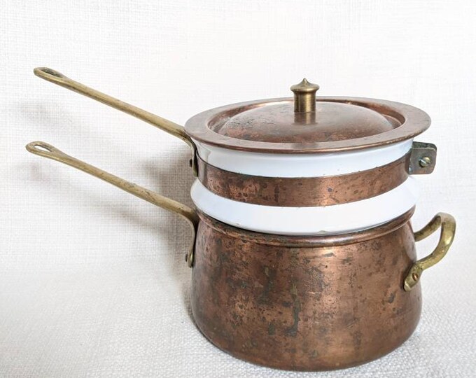 Copper/porcelain/brass Double Boiler Bain Marie Metalutil Portugal 2 Qt