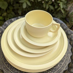 May include: A stack of pale yellow ceramic plates and a matching teacup and saucer. The cup has a square handle. The plates are stacked on a decorative, dark-colored tray, with green foliage in the background.