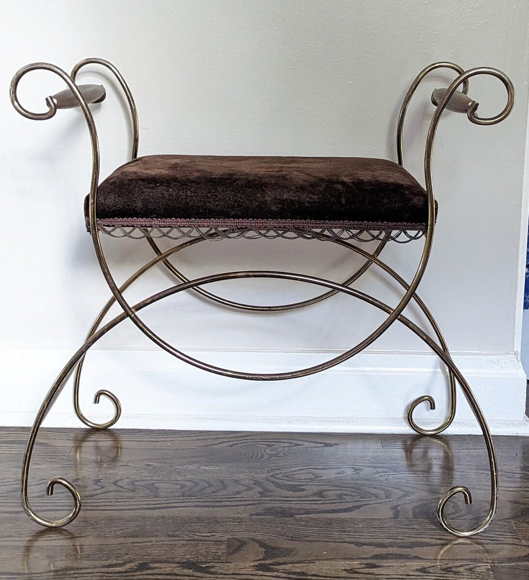 Vintage Mid Century Modern Gold Metal Vanity Stool Bench Etsy
