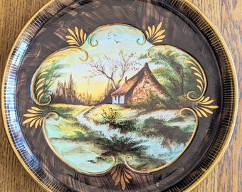 Vintage H. Bequet Quaregnon Belgia Dekoracyjna tabliczka malowana ręcznie 12,5 cala