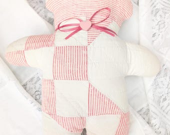 Vintage Quilted Teddy Bear Pink White Hand Stitched Quilt Stuffed 14in x 12in