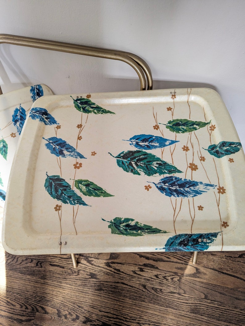 Floral Fiberglass TV Tray Set of Two Stand Vintage Blue Green Leaves 1960's Etsy
