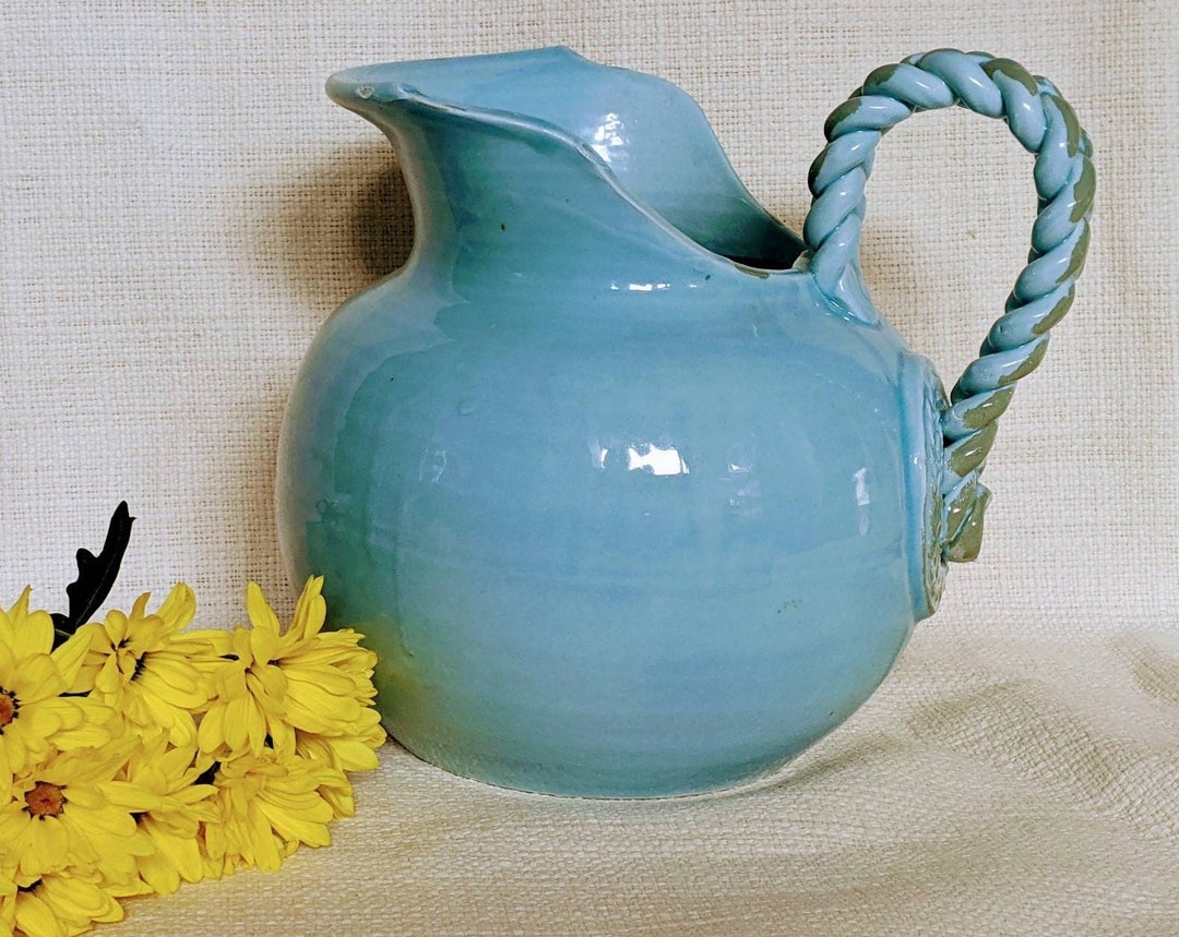 Pitcher Ceramics Rope Handles 9in H X 9in W Blue Hand Made in Italy