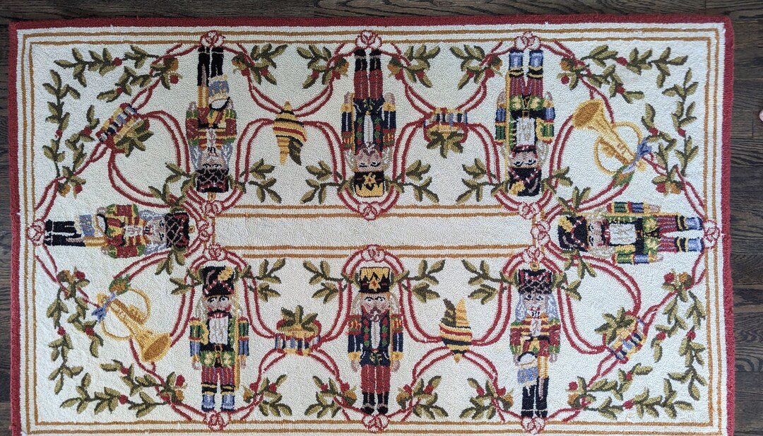 Holiday Christmas Wool Needlepoint Narrow Rug Runner Nutcrackers Holly