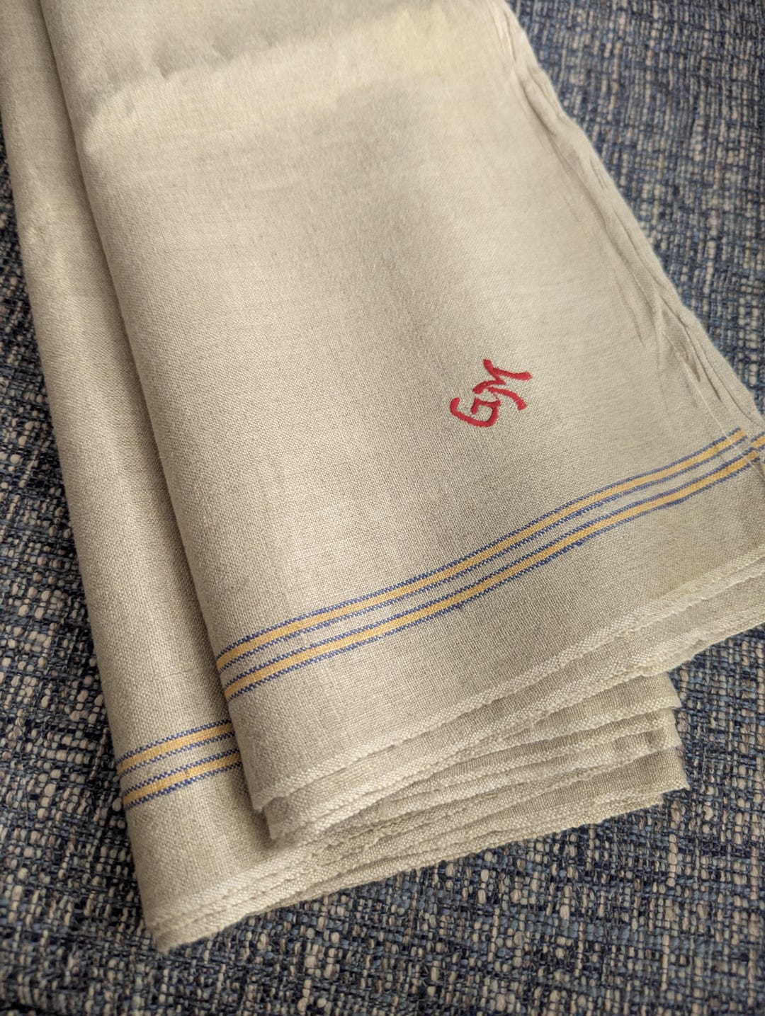 Vintage French Mangle Linen Cloth Monogram GM Stripes Navy Yellow ...