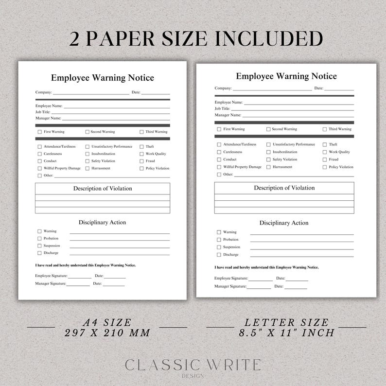 May include: Two printable employee warning notice forms in black and white. The forms are designed for use in the United States and include standard warning notice language. The forms are available in two sizes: 8.5 x 11 inches and A4 (297 x 210 mm).