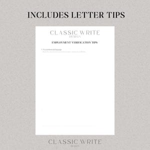 May include: A printable worksheet with tips for writing employment verification letters. The worksheet includes the text "CLASSIC WRITE DESIGN" and "EMPLOYMENT VERIFICATION TIPS". The first tip is to use professional language.