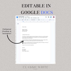 May include: Editable Google Docs template for a letter of confirmation of employment. The template includes fields for the date, employee name, address, job title, start date, salary, and more. The text reads "Unlimited freedom to customize!"