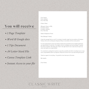 May include: A resignation letter template with a list of items included in the purchase: 1 page template, Word & Google docs, 1 tips document, A4 letter sized file, Canva template link, and instant access to your file. The text in the image reads "You will receive".
