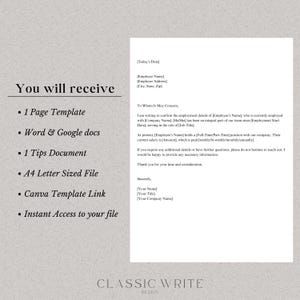May include: A document outlining the benefits of purchasing a digital product. The document includes a list of items such as a page template, Word and Google docs, a tips document, an A4 letter-sized file, a Canva template link, and instant access to the file. The document is titled "You will receive" and is from "Classic Write Design".