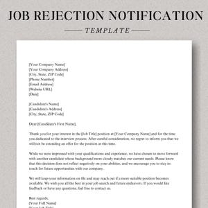 Rechazo de solicitud, plantilla de notificación de rechazo de oferta de trabajo, plantilla de Word, carta de rechazo de trabajo editable, descarga instantánea, rechazo de trabajo