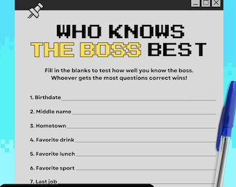 Jogos de escritório Festa Quem conhece o melhor jogo do chefe Jogo de festa de trabalho Jogo divertido para impressão Construção de equipe em grupo Apreciação da equipe Quebra-gelo Pixel