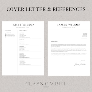May include: A professional resume template with the text "COVER LETTER & REFERENCES" at the top. The left side includes contact information, while the right side features a cover letter. The design is clean and minimalist.