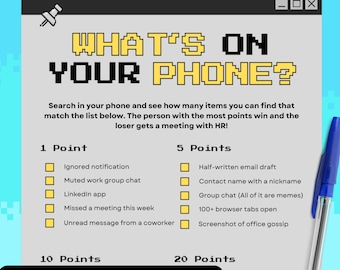 Jogos de escritório Jogos de festa O que está no seu telefone Jogo de festa de trabalho Jogo divertido para impressão Construção de equipe em grupo Apreciação da equipe Quebra-gelo Pixel