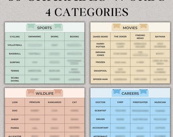 Conjunto de charadas para impressão 80 palavras Carreiras Filmes Animais Esportes Família Charadas Jogos para crianças Charadas para impressão Jogos de festa