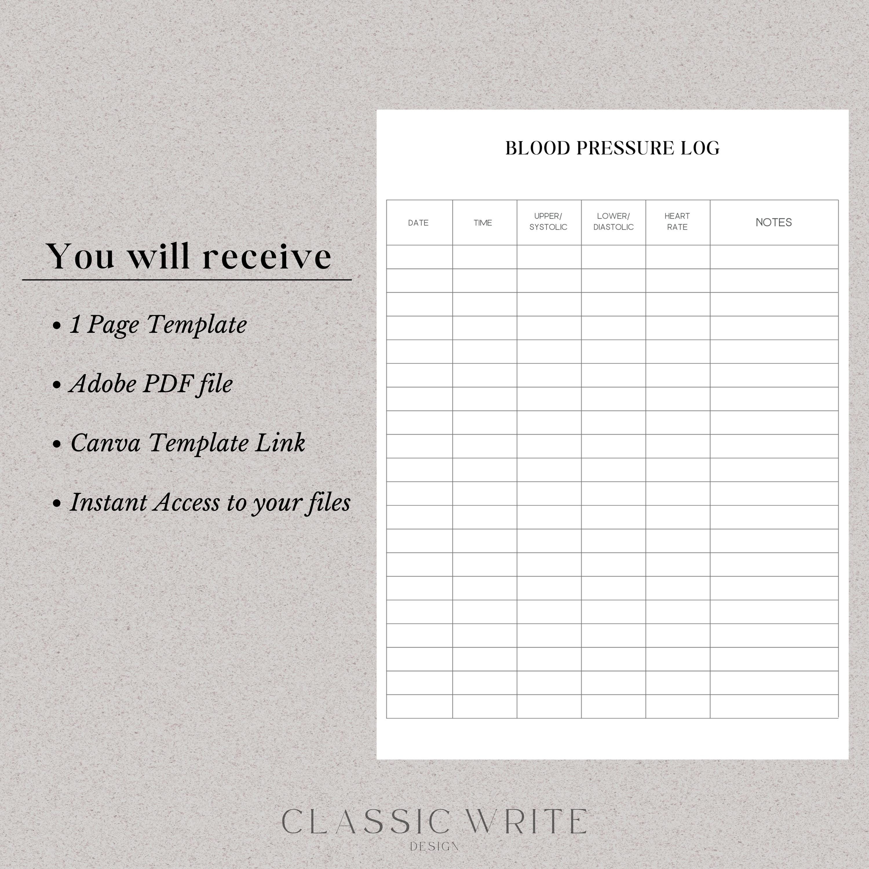 Blood Pressure Log Template Editable Adobe Canva PDF Blood Pressure ...
