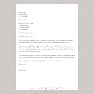 May include: A formal resignation letter template with a classic design. The letter includes a subject line, salutation, and a closing. The text is in a simple, professional font.
