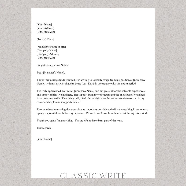 May include: A formal resignation letter template with a classic design. The letter includes a subject line, salutation, and a closing. The text is in a simple, professional font.