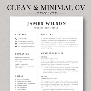 Op de afbeelding: Een strak en minimalistisch CV-sjabloon met de tekst "CLEAN & MINIMAL CV TEMPLATE". De sjabloon bevat secties voor contactgegevens, opleiding, vaardigheden, werkervaring en een over mij-sectie.