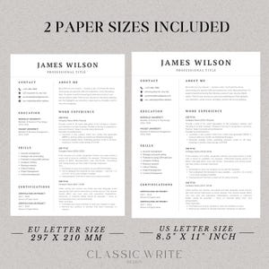 May include: Two resume templates are displayed side-by-side on a white background. The left template is EU Letter size, 297 x 210 mm, and the right is US Letter size, 8.5 x 11 inches. Both templates include sections for contact information, education, skills, and work experience.