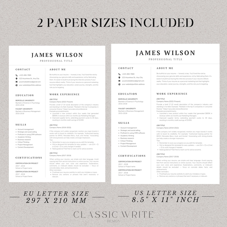 May include: Two resume templates are displayed side-by-side on a white background. The left template is EU Letter size, 297 x 210 mm, and the right is US Letter size, 8.5 x 11 inches. Both templates include sections for contact information, education, skills, and work experience.