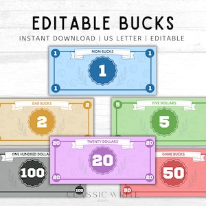 EDITIERBARE Bucks Druckbare Bearbeitbare Spielgeld Belohnung Bucks Good Behaviour Bucks Chore Bucks für Kinder Druckbare Mom Geldzulage Spielgeld