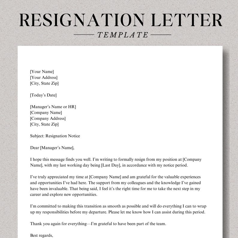 May include: A resignation letter template with a black and white design. The template includes spaces for the employee's name, address, date, manager's name, company name, and address. The letter includes a subject line, salutation, and a body paragraph explaining the employee's resignation.