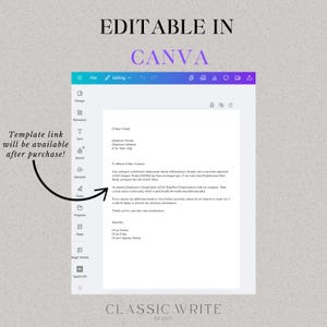 May include: A screenshot of a Canva design template for an employment verification letter. The template is editable and includes fields for the employee's name, job title, and company information. The text "Template link will be available after purchase!" is visible in the left corner of the image.