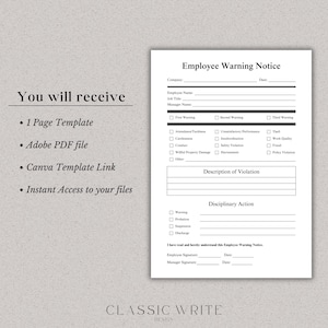 May include: A black and white printable employee warning notice form with sections for company name, employee name, job title, manager name, date, first warning, second warning, third warning, attendance/tardiness, unsatisfactory performance, theft, carelessness, insubordination, work quality, conduct, safety violation, fraud, willful property damage, harassment, policy violation, description of violation, disciplinary action, warning, probation, suspension, discharge, employee signature, date, manager signature, and date.