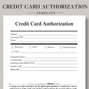 Autorisation de carte de crédit Word Google Docs Adobe PDF Facturation par carte de crédit Document de carte de crédit Formulaire de réception de facturation Formulaire de compte client