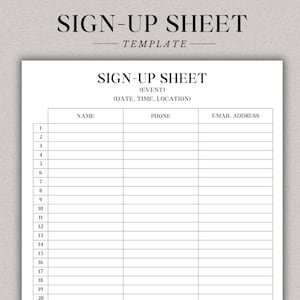 Sign up Sheet Editable PDF WORD DOCS Sign up template Event sign up Sign up Form club sign up church sign up party sign up email sign up