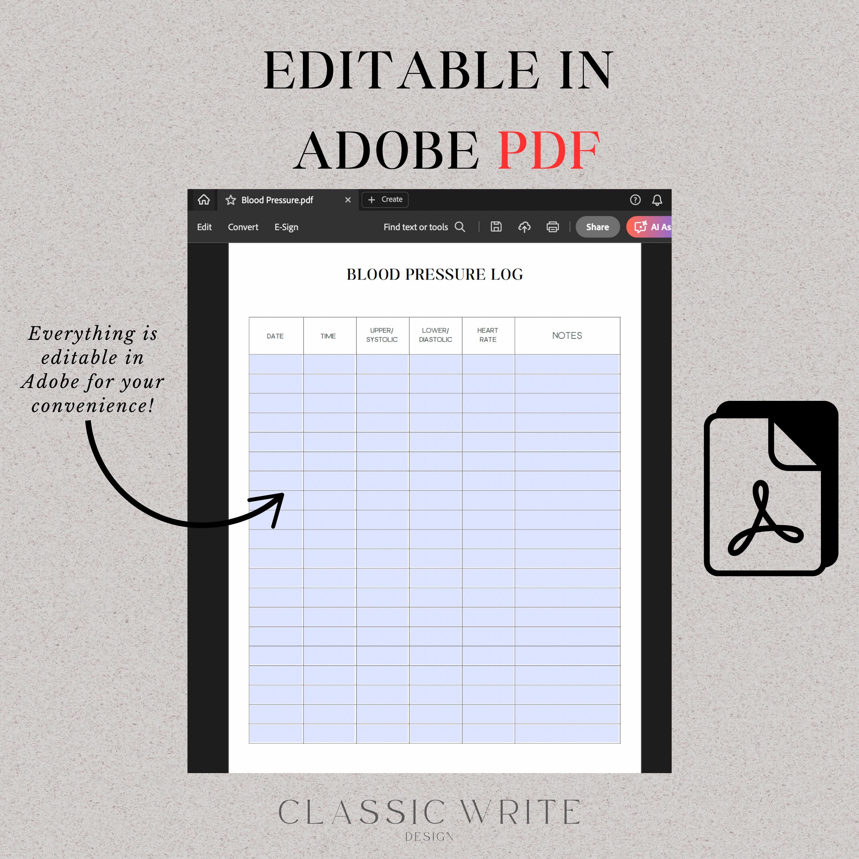 Blood Pressure Log Template Editable Adobe Canva PDF Blood Pressure ...